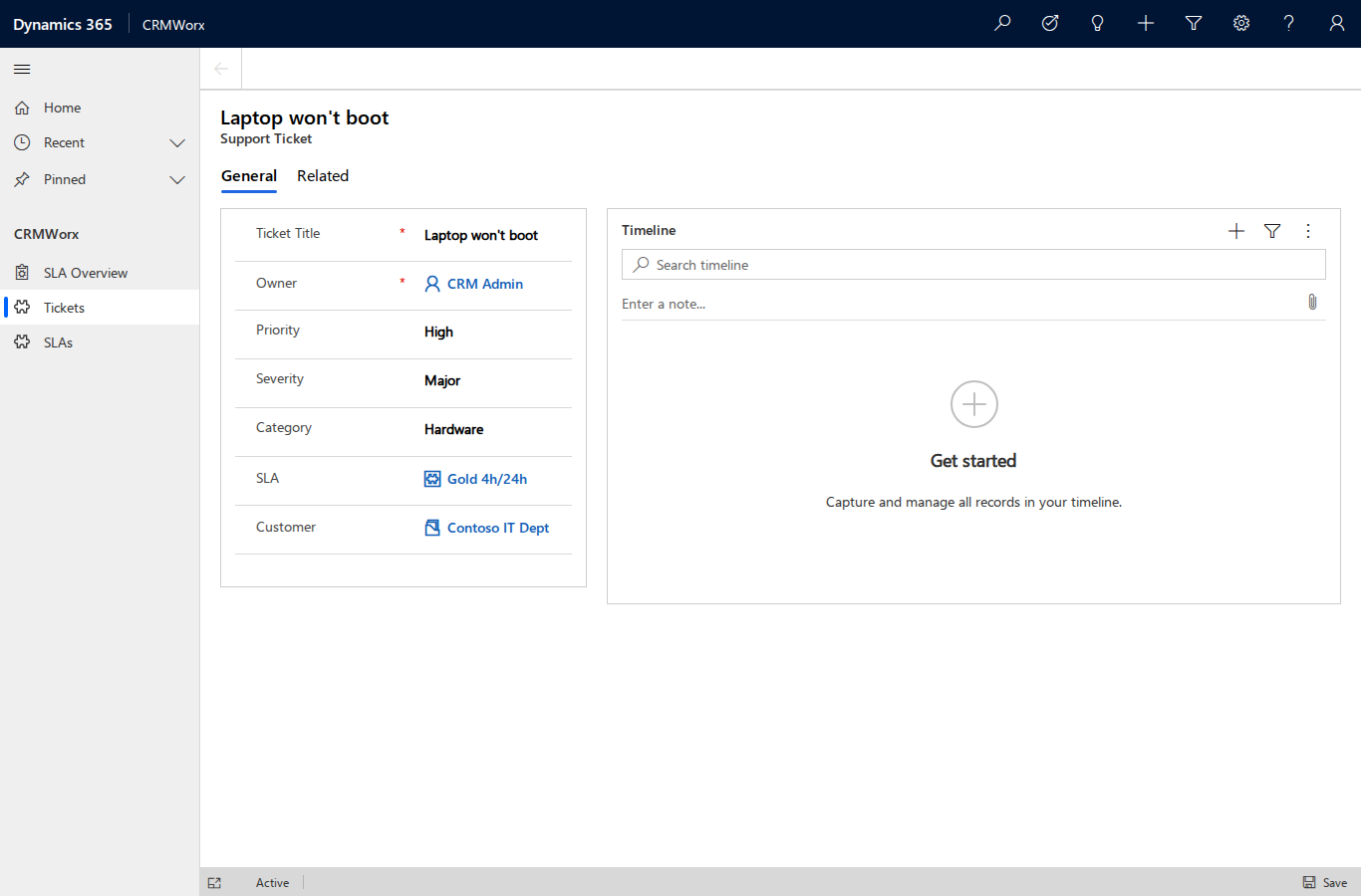 Support Ticket form — the §7 augmented main form with all five custom fields